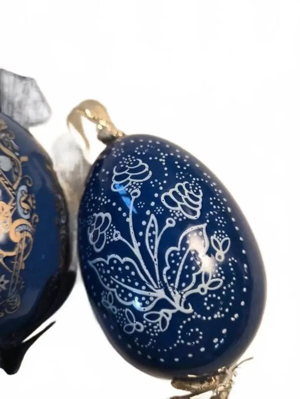 Set of 3 Hand Painted Blue Lacquer Hanging Egg Ornaments Vintage Folk Art